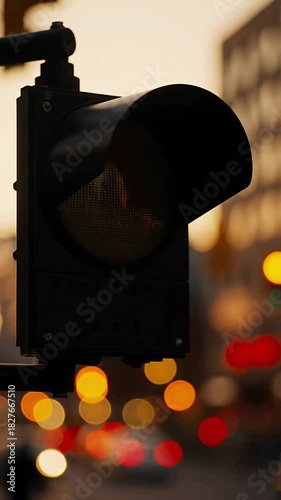 Vibrant yellow amber traffic light shining at a city intersection during evening rush hour with atmospheric bokeh from car headlights and taillights creating 