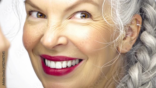 Close-up of a beautiful senior woman with a radiant smile and braided grey hair looking to the side.