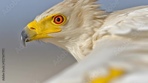 Close-up of a majestic white eagle with a striking yellow beak and intense red eyes, showcasing its powerful gaze and intricate feather details against a soft, blurred background.