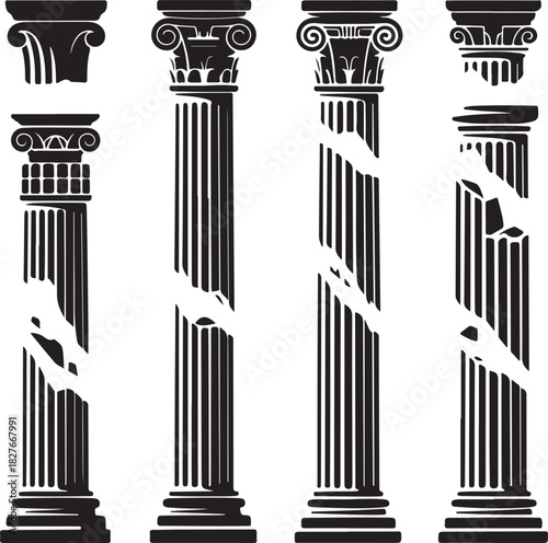 Architectural Roman Columns Damaged Vector Illustration Black and White Isolated Design