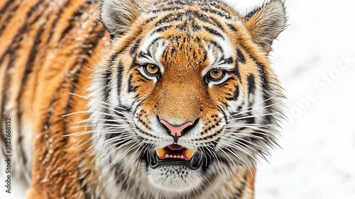 Close-up of a majestic Siberian tiger roaring in a snowy landscape, showcasing its powerful presence and striking orange and black stripes.