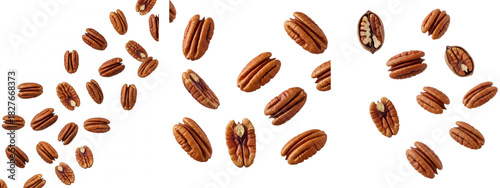 Three clusters of pecans are presented against a transparent background. They are brown, healthy, natural, and fresh. 
