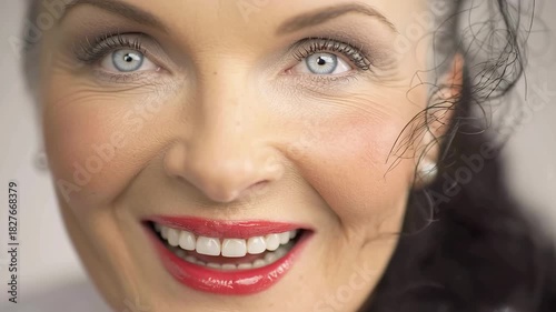 Close-up of a smiling woman with bright blue eyes and red lipstick.