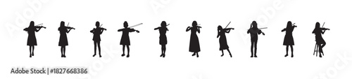 Musician Silhouettes. Female Figures In Various Occupations. Professional And Hobby Representation Symbol Black silhouettes of beautiful mans and womans. Drummer, violini. Vector Illustration