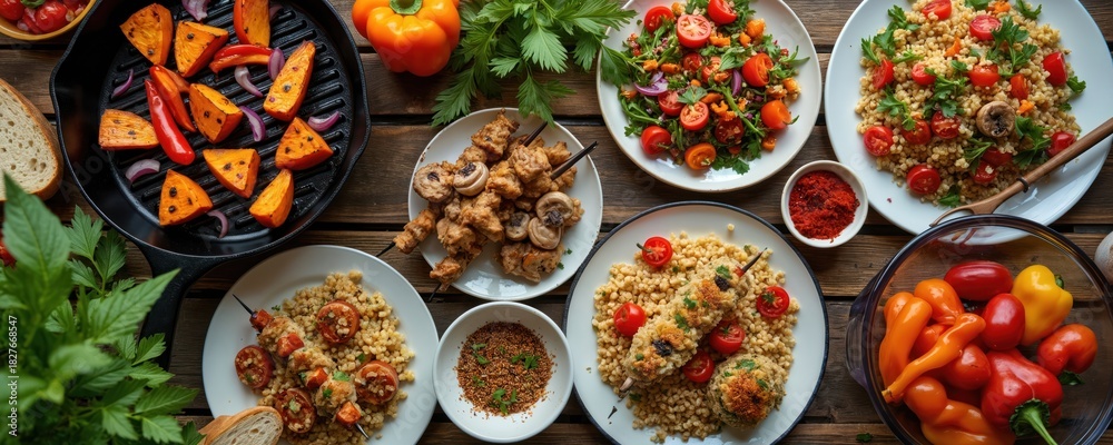 Fototapeta premium Grilled vegetable skewers and seasoned grain bowls with fresh salad and bell peppers. Food prepared with natural ingredients, served on wooden table. Delicious meal for outdoor picnic or indoor feast.