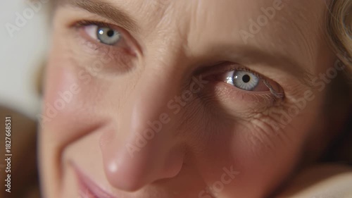 Close-up of a womans face as she opens her eyes and smiles, looking directly at the camera.