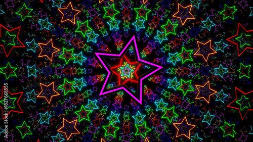 Multicolor neon-stars tunnel background – seamless 4K VJ loop, cosmic starfield motion graphic for club visuals, music video, party backdrop & digital art projects