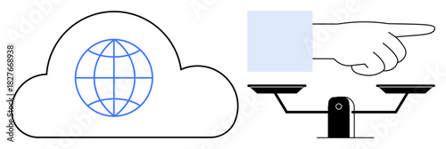 Cloud with globe represents global connectivity. Scales reflect balance and fairness. Pointing hand signals decision-making. Ideal for technology, justice, balance, decisions, internet, leadership