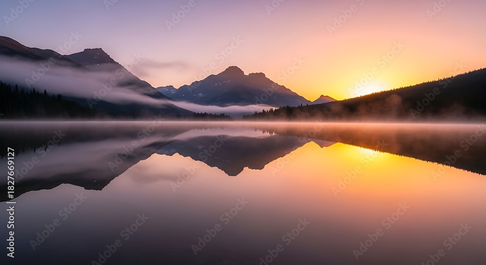 Fototapeta premium Serene Mountain Lake Reflection at Sunrise - A Tranquil Landscape.