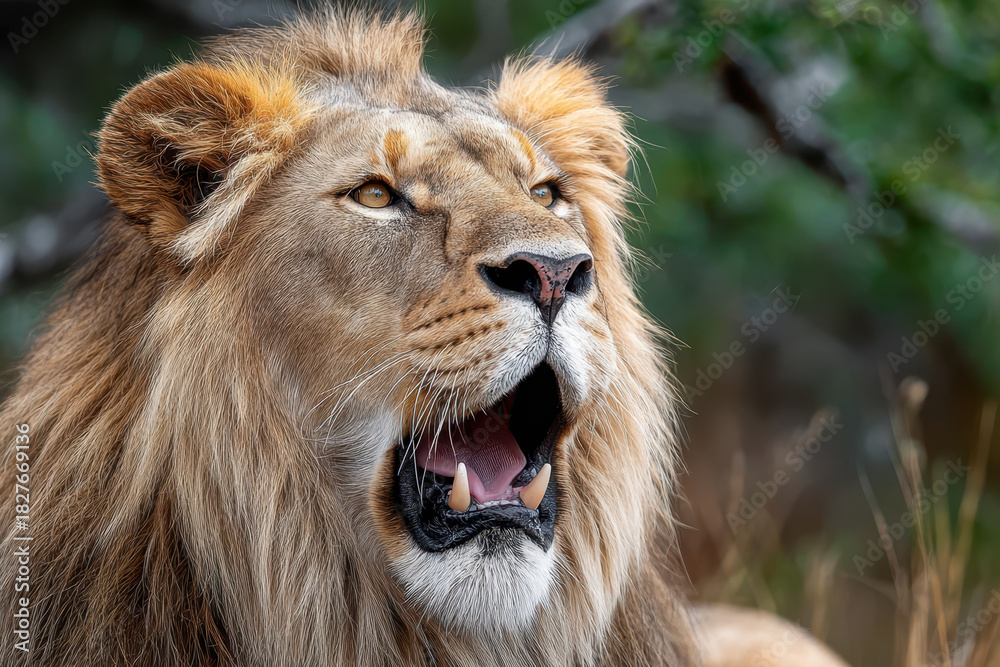 Fototapeta premium Majestic Male Lion Roaring in Green Nature