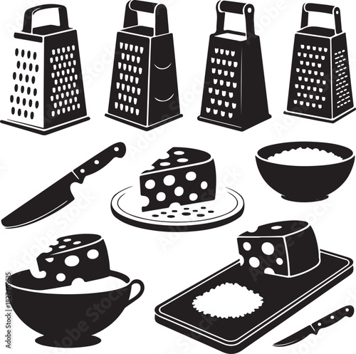 Black and White Cheese Grater and Cheese Still Life Illustration