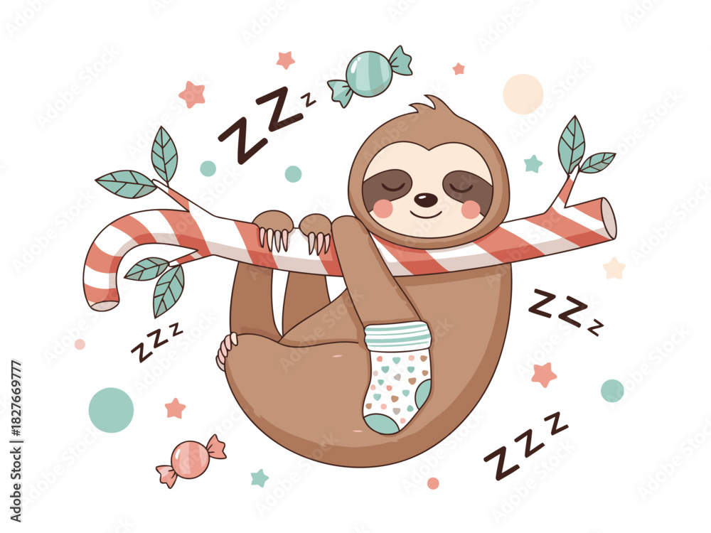 Naklejka premium A cute sloth sleeps soundly, hanging from a candy cane, wearing socks and surrounded by stars. ?Slow Down Relax? text. Charming, festive illustration.