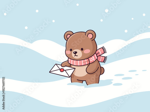 A cute brown bear holds a letter in a snowy landscape, conveying joy. Soft, whimsical illustration with a wintery backdrop. Perfect for heartwarming designs.