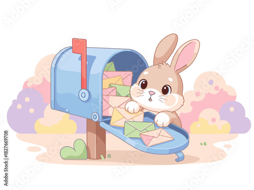 A cute bunny delivers mail from a blue mailbox, surrounded by pastel flowers. Charming illustration, perfect for spring themes and children's designs.