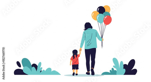Adorable daughter holding her mother's hand with balloons walking away happy together celebrating family love and joy in a colorful whimsical scene