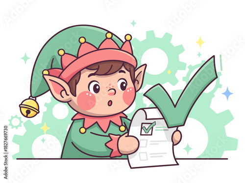 A cute elf checks a list with a big smile! Festive, cheerful illustration with a green background and gears. Perfect for holiday, marketing, or positive themes.