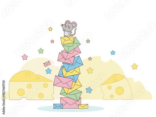 A cute mouse playfully climbs a stack of colorful envelopes, surrounded by cheese and stars. A cheerful illustration perfect for greeting cards and digital designs.