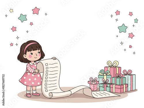 A cute girl holds a wish list with presents in the background. Dreamy illustration with stars and a pink color palette. Perfect for children's themes and gift ideas.