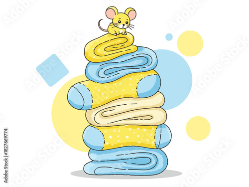 A cute mouse sits atop a stack of colorful towels. Bright, playful illustration with a modern, graphic style. Perfect for lifestyle and children's themes.