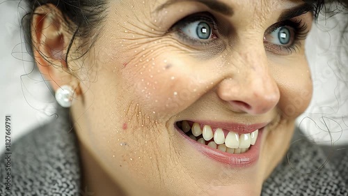 Close-up of a womans face with expressive blue eyes and a warm smile.