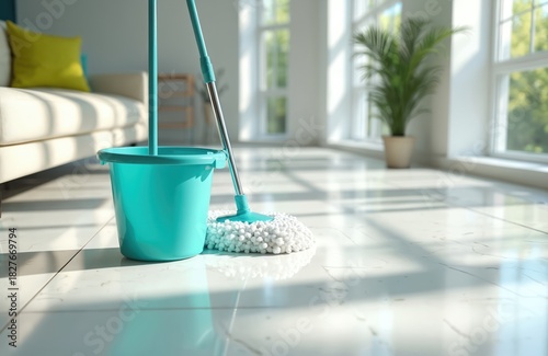 Mop and bucket stand on tiled floor of modern room. Bright living room with plant and couch, shiny surface after wet cleaning. Routine housework and home hygiene concept.
