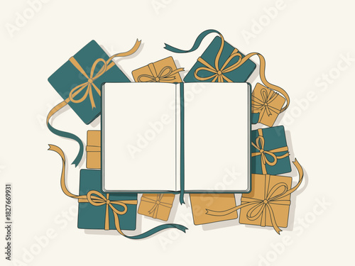 visually appealing flat lay featuring wrapped gifts and an open notebook symbolizing the gift of time Warm colors and a clean design create a welcoming and thoughtful composition