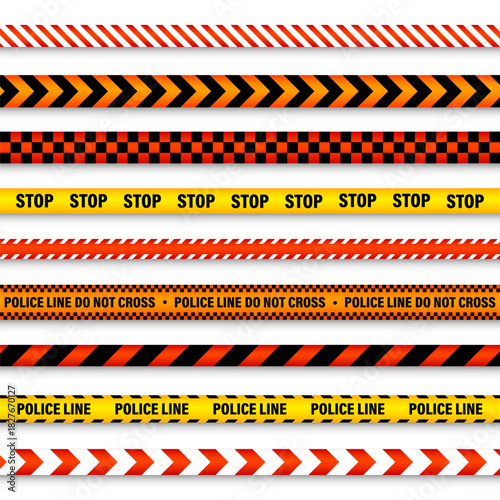 Barricade construction tape. Colorful police warning line, brightly colored danger or hazard stripe, ribbon. Restricted area, zone. Attention symbol. Vector illustration
