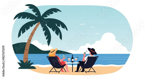 Relaxing beach getaway with cocktails on tropical sands, perfect for travel ads, vacation promotions, and summer lifestyle content with sunny vibes