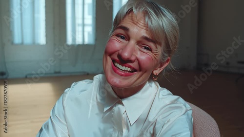 Joyful Senior Woman with Short Gray Hair Smiling and Laughing in a Bright Room.