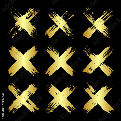 Golden grunge crosses, brush strokes, lines, ink smudges, hand-drawn scribble shapes. Handmade sketchy marks, acrylic stains, charcoal streaks. Paint textures, dry brush effect. Vector illustration