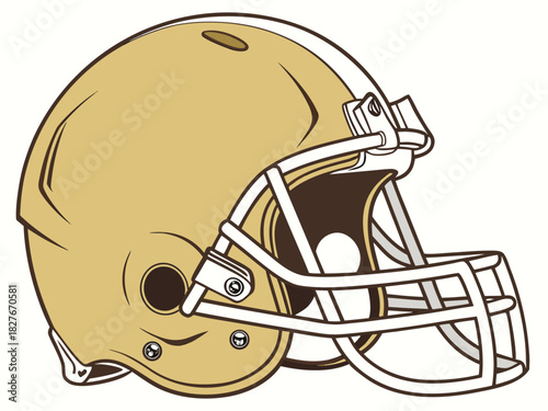 Modern golden American football helmet, sleek design with polished metallic finish, isolated on a clean white background for sports and gaming concepts.