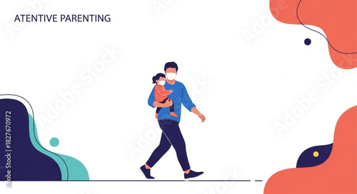Loving father carrying daughter, both wearing masks, for family health campaign or back to school safety promotion during pandemic times