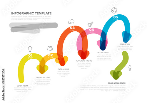 A vibrant 5-step infographic template, with colorful wavy arrow design. This infographic template uses distinct steps and icons to represent a process or timeline with clear, engaging visual flow.