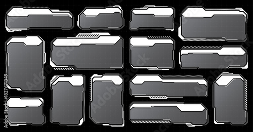 White futuristic HUD, UI elements. Sci-fi user interface text boxes, callouts. Warning message frames, information boxes template. Modern game interface layout in digital style. Vector illustration