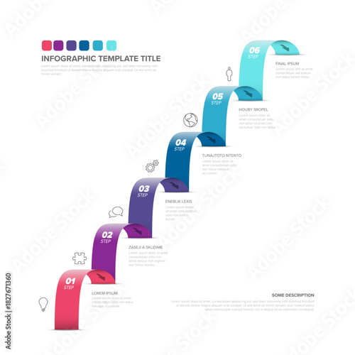 A vibrant staircase infographic template illustrates a six-step process, perfect for business or product presentations. Infographic template clearly showing the sequential flow of information.