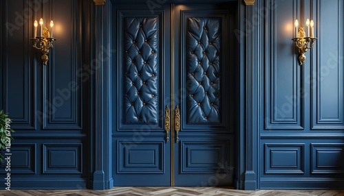 Luxury blue interior with leather panel door, gold trim, sconces. Elegant design show classic architectural style. Sophisticated home decor presents opulent style. Interior designers use for