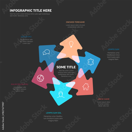 Circular puzzle arrow infographic template with six interconnected puzzle pieces with icons, ideal for presentations. The infographic template is designed for clear and engaging visual communication.