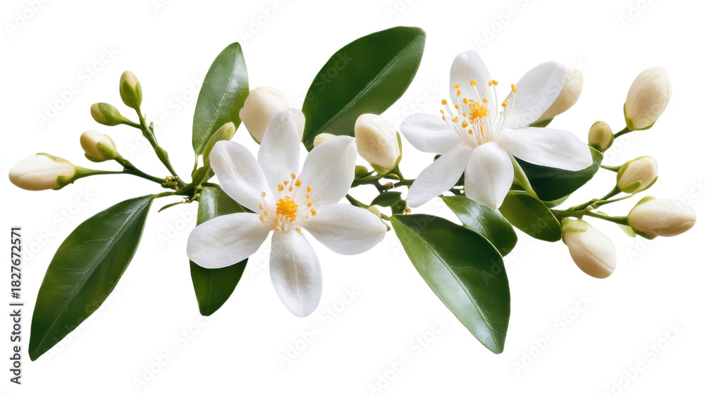 Obraz premium Beautiful white flowers with green leaves and buds in a fresh natural setting.
