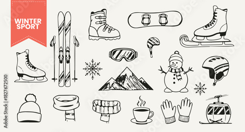 Hand Drawn Winter Sport Vector Set | Outline Sketch Icons of Ski, Snowboard, Ice Skates, Goggles, Snowman, and Mountain for Cold Weather Activities.