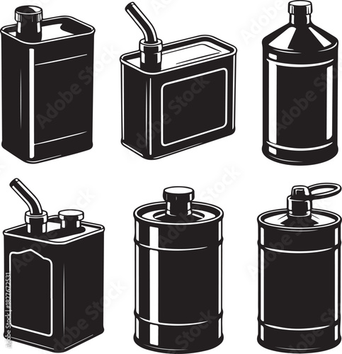 Black and white vector illustration of different shaped oil cans
