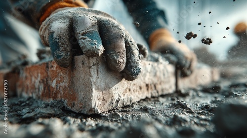 Wallpaper Mural A close-up shows muddy hands laying a brick with wet mortar. Flying debris captures the gritty, physical effort of construction work in progress. Torontodigital.ca
