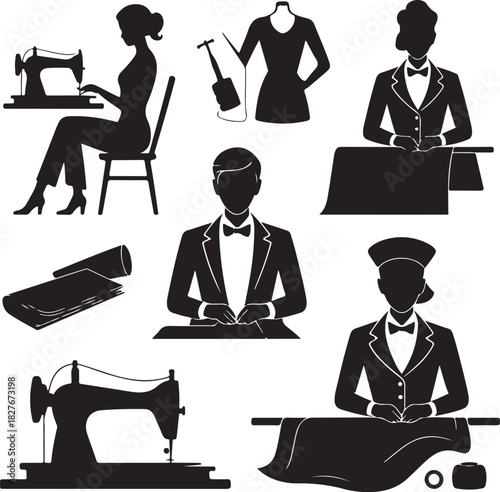 Black and white vector set of sewing tailoring and fashion design