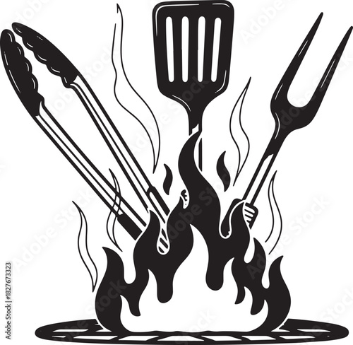 Barbecue Time Fun with Grill Tools and Burning Flames Outline Illustration