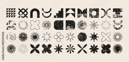 Brutalist geometric shapes, modern grunge symbols. Simple primitive elements and forms, distressed details. Retro design, aged, vintage, trendy contemporary minimalist style, y2k. Vector illustration