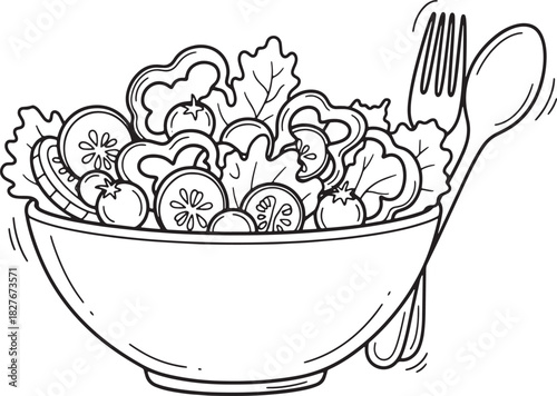 Healthy salad bowl with fresh vegetables and cutlery illustration drawing