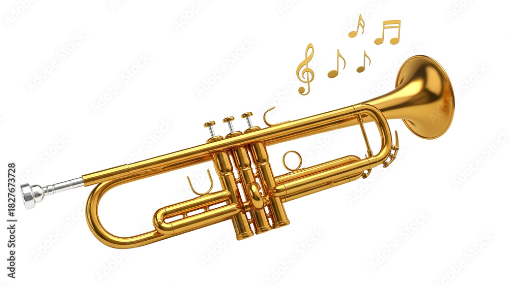 Naklejka premium Golden brass trumpet with floating musical notes, classical wind instrument for jazz performance, shiny metallic trumpet for orchestral music isolated PNG with Transparent Background