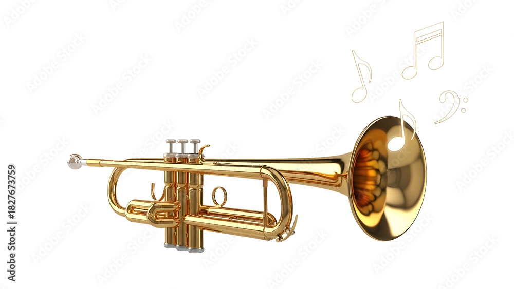 Obraz premium Shiny Golden Brass Trumpet with Musical Notes isolated PNG with Transparent Background