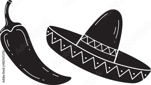 Mexican fiesta elements sombrero and chili pepper vector illustration icon