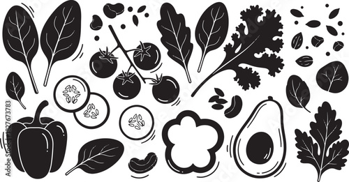 Monochrome illustration with fresh vegetables and salad ingredients pattern