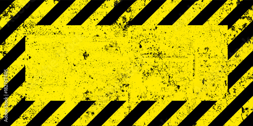 Warning sign with yellow and black diagonal lines. Attention, danger or caution symbol. Construction site signage, road safety notice, hazard banner, security alert shield. Vector illustration